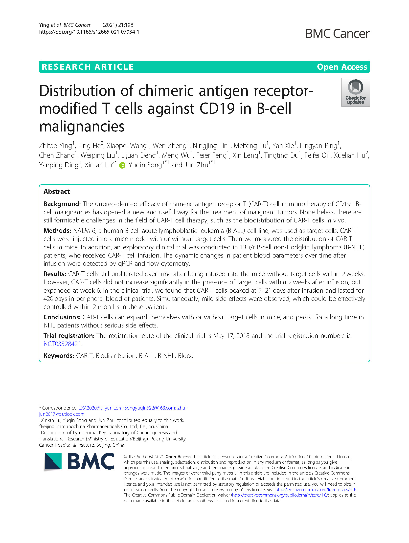 2021-Distribution of chimeric antigen receptor-modified T cells against CD19 in B-cell malignancies.jpg